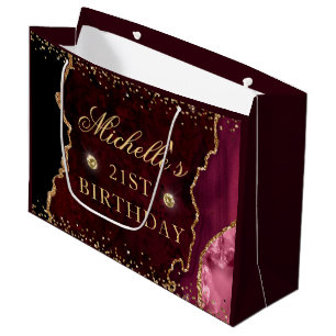 Burgundy Red & Gold Glitter Marble Agate Birthday Large Gift Bag