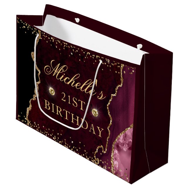 Burgundy Red & Gold Glitter Marble Agate Birthday Large Gift Bag (Front Angled)