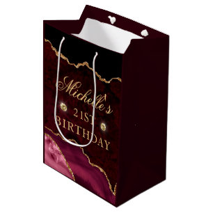 Burgundy Red & Gold Glitter Marble Agate Birthday Medium Gift Bag