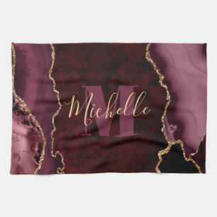 Burgundy Red & Gold Glitter Marble Agate Monogram Kitchen Towel