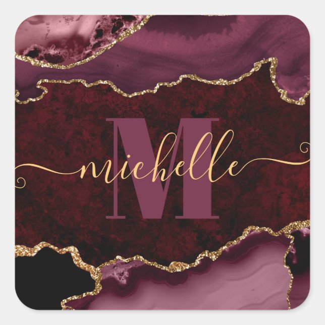 Burgundy Red & Gold Glitter Marble Agate Monogram Square Sticker (Front)