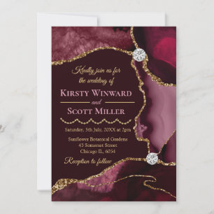Burgundy Red & Gold Glitter Marble Agate Wedding Invitation