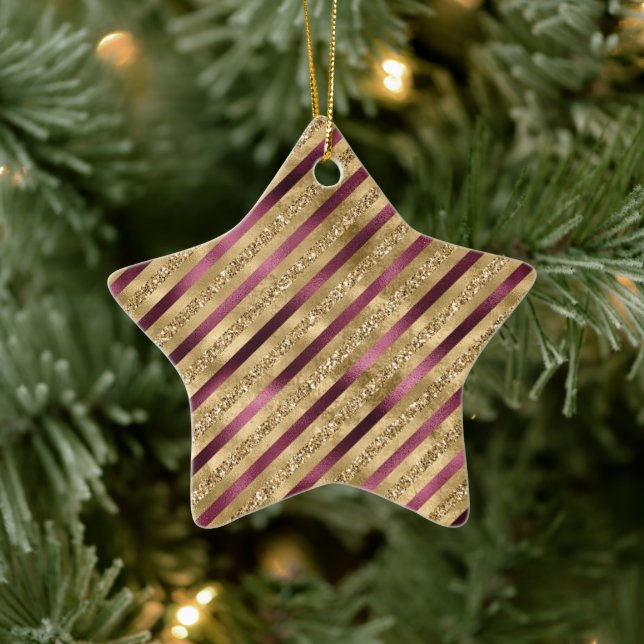 Burgundy Red Gold Glitter Stripes             Ceramic Ornament (Tree)