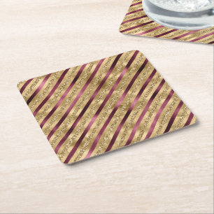 Burgundy Red Gold Glitter Stripes Square Paper Coaster