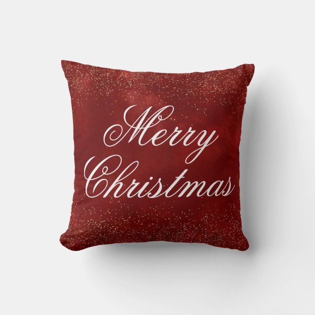 Burgundy Red  Gold Glitter White Merry Christmas Throw Pillow (Front)