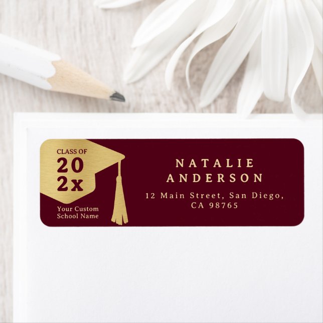 Burgundy Red Gold Graduate Hat Return Address (Insitu)