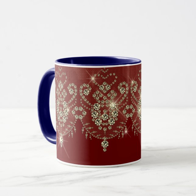Burgundy red gold lace sparkle diamond elegant  mug (Front Left)