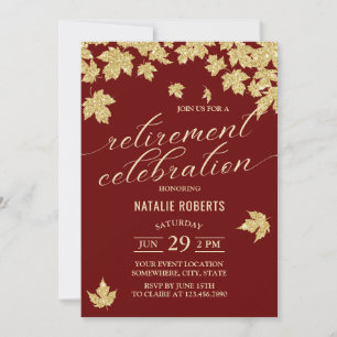 Burgundy Red & Gold Leaves Modern Retirement Party Invitation