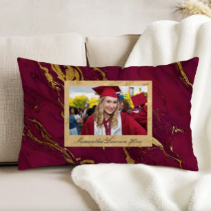Burgundy Red Gold Marble Custom Graduation Photo Accent Pillow