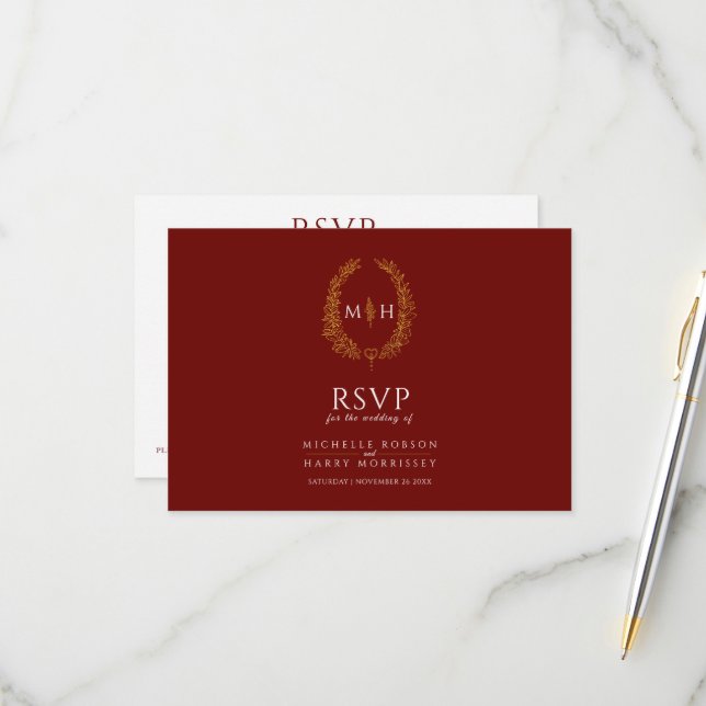 Burgundy red gold monogram meal option wedding RSVP card (Front/Back In Situ)