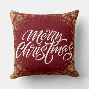 Burgundy Red Gold Simple Merry Christmas Throw Pillow