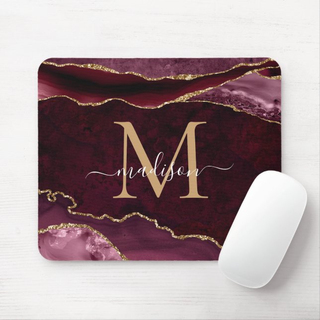 Burgundy Red Gold Sparkle Agate Geode Monogram Mouse Pad (With Mouse)