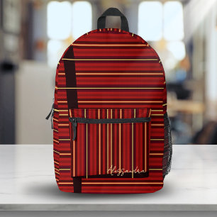 Burgundy Red Gold Stripe Wave Pattern Custom Name Printed Backpack