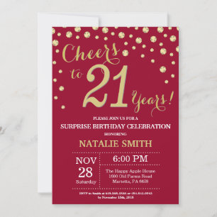 Burgundy Red Gold Surprise 21st Birthday Diamond Invitation