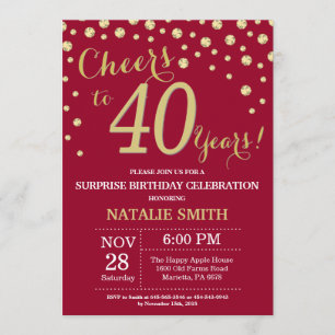 Burgundy Red Gold Surprise 40th Birthday Diamond Invitation