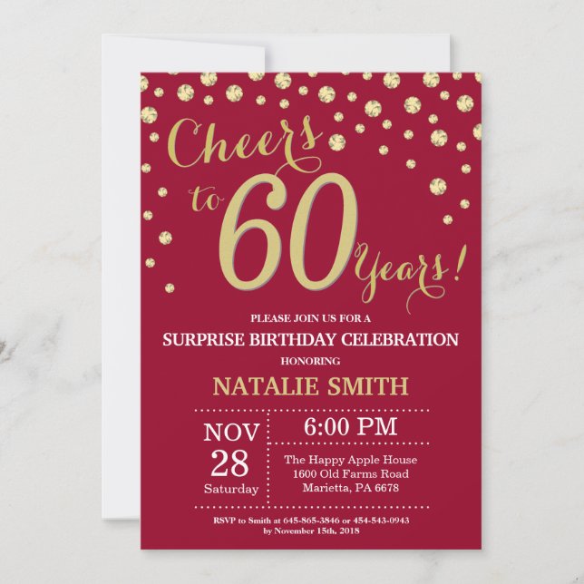 Burgundy Red Gold Surprise 60th Birthday Diamond Invitation (Front)