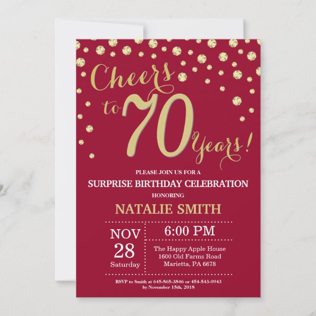 Burgundy Red Gold Surprise 70th Birthday Diamond Invitation (Front)
