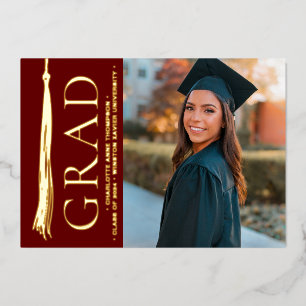 Burgundy Red Gold Tassel Grad Party Custom Photo  Foil Holiday Card