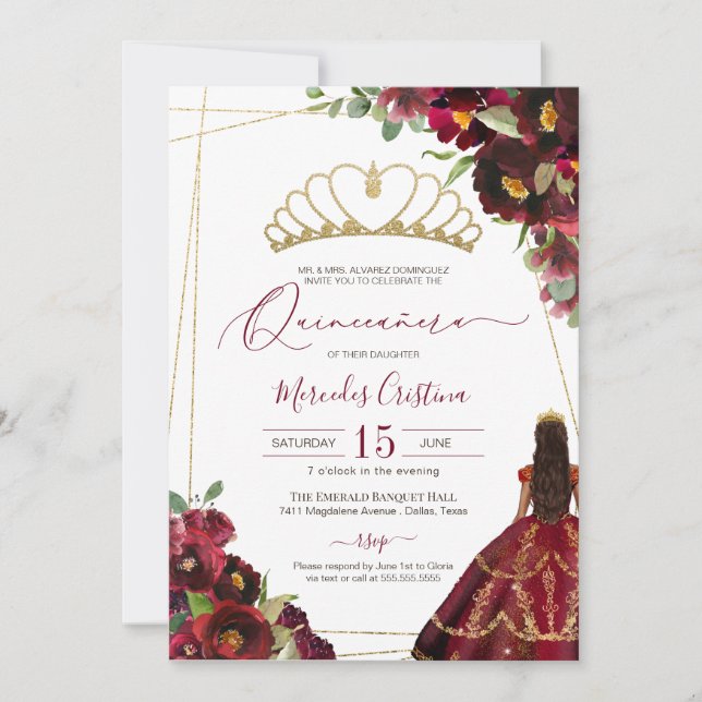 Burgundy Red Gold Watercolor Floral Quinceañera In Invitation (Front)