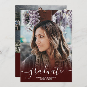 Burgundy red graduate script photo graduation invitation