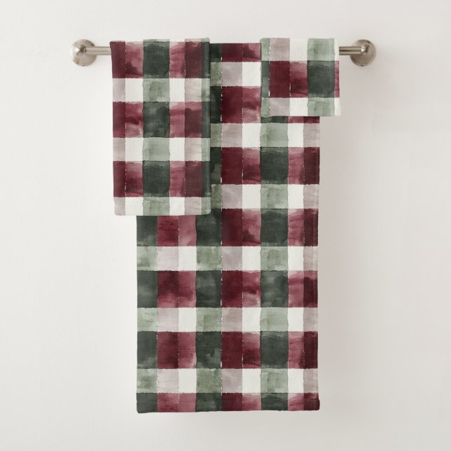 Burgundy Red Green Cream White Plaid Stripes   Bath Towel Set (Insitu)