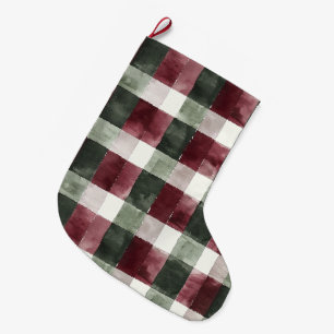 Burgundy Red Green Cream White Plaid Stripes   Large Christmas Stocking