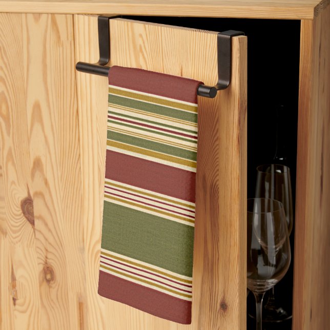 Burgundy Red Green Ochre Yellow Stripes Pattern Kitchen Towel (Thirds Fold)