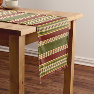 Burgundy Red Green Ochre Yellow Stripes Pattern Long Table Runner