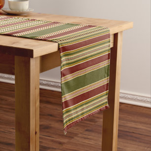 Burgundy Red Green Ochre Yellow Stripes Pattern Short Table Runner