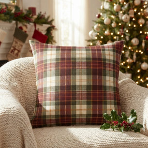 Burgundy Red & Green Traditional Christmas Plaid  Throw Pillow