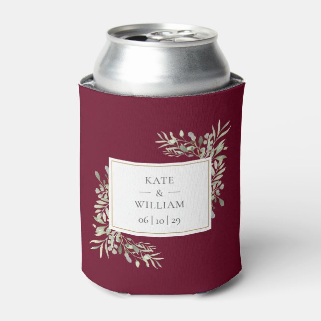 Burgundy Red Greenery Foloral Wedding Can Cooler (Can Front)