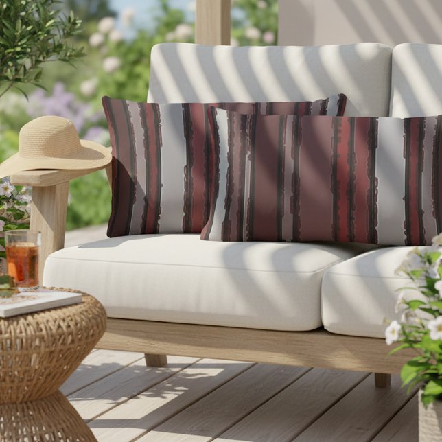 Burgundy Red Grey Mauve Taupe Stripes Pattern Lumbar Pillow (Creator Uploaded)