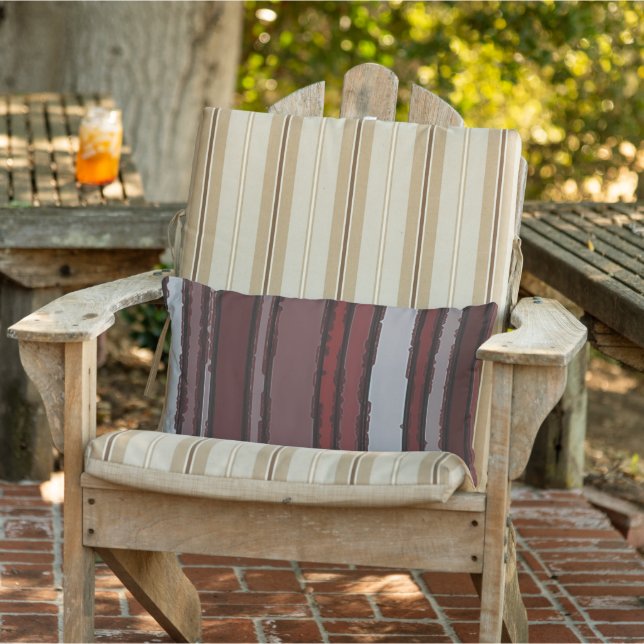 Burgundy Red Grey Mauve Taupe Stripes Pattern Lumbar Pillow (Chair)