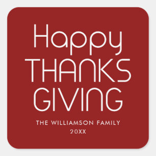 Burgundy Red Happy Thanksgiving Personalized Name Square Sticker