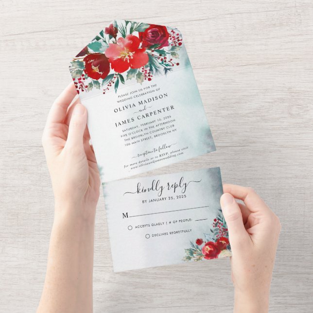 Burgundy Red Holly Berries Floral Winter Wedding All In One Invitation (Tearaway)