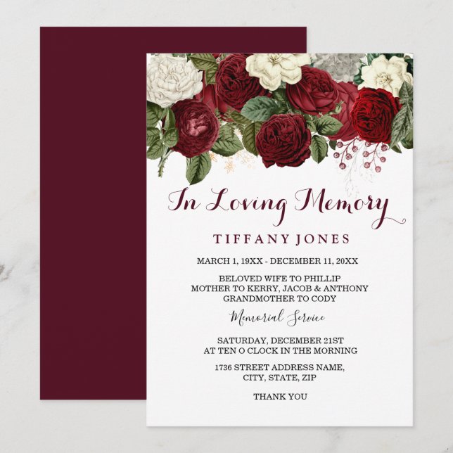 Burgundy Red In Loving memory Memorial Service Invitation (Front/Back)