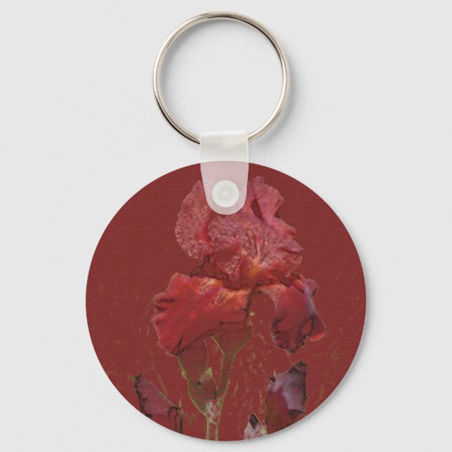 Burgundy Red Iris Garden Flower Keychain (Front)