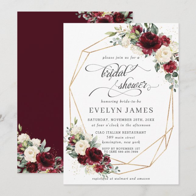 Burgundy Red Ivory Floral Bridal Shower Geometric  Invitation (Front/Back)