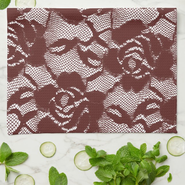 Burgundy Red Lace Floral Kitchen Towel (Folded)