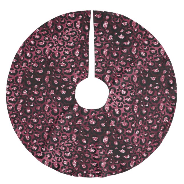 Burgundy Red Leopard Animal Glitter Christmas Brushed Polyester Tree Skirt (Front)