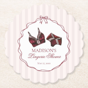 Burgundy Red Lingerie Shower Lace Bachelorette Paper Coaster