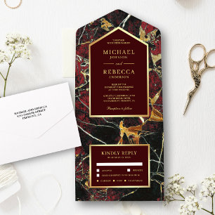 Burgundy Red Marble Faux Gold Foil Wedding All In One Invitation