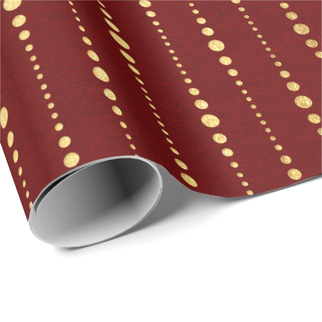 Burgundy Red Maroon Golden Stripes Drops Dots Wrapping Paper (Roll Corner)
