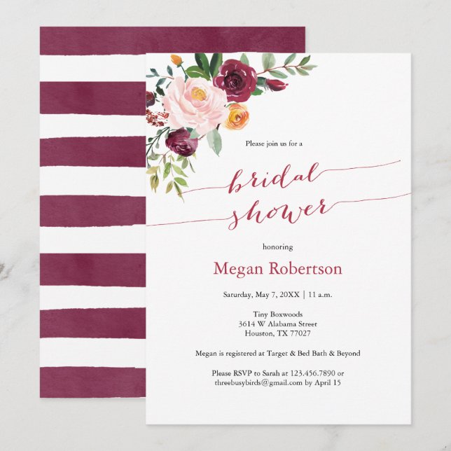 Burgundy Red Marsala Floral Bridal Shower Invitation (Front/Back)