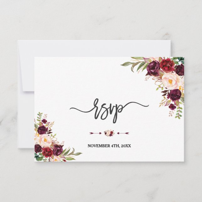 Burgundy Red Marsala Floral Calligraphie RSVP (Devant)