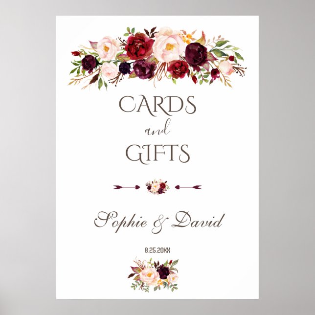 Burgundy Red Marsala Floral Cards & Gifts Wedding Poster (Front)