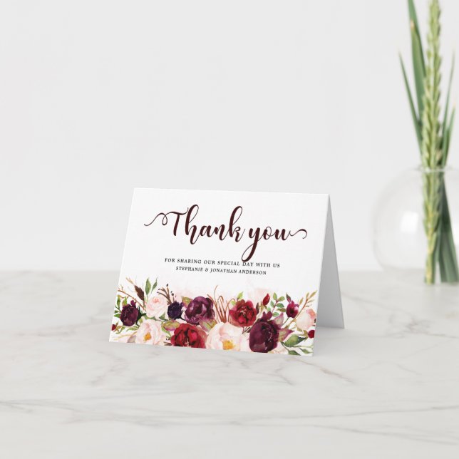 Burgundy Red Marsala Floral Rustic Boho Thank You (Front)