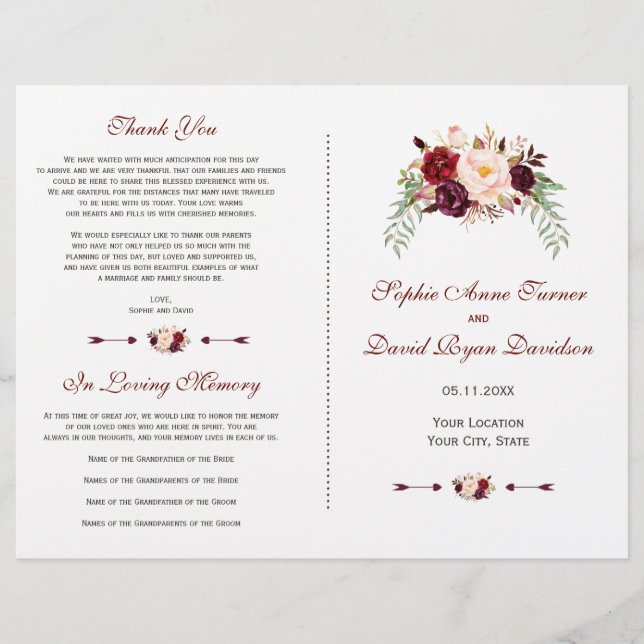 Burgundy Red Marsala Floral Wedding Program (Front)