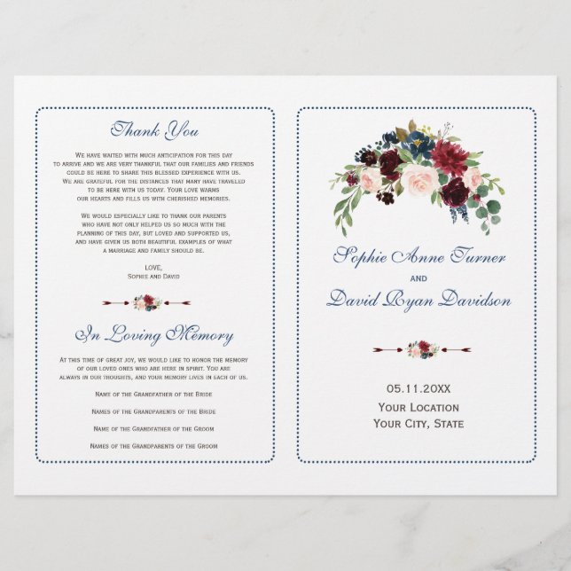 Burgundy Red Marsala Floral Wedding Program (Front)