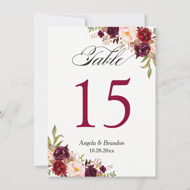 Burgundy Red Marsala Floral Wedding Table Number (Front)